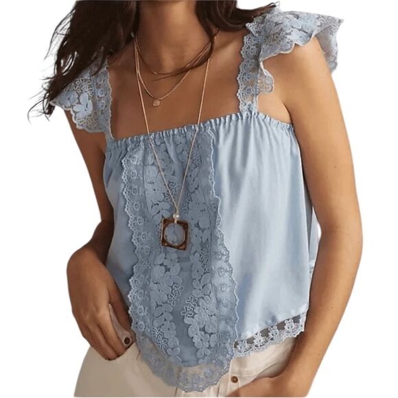 Anthropologie Tiny Daphne Lace Tank Blue Flutter Strap Womens Size Medium - Picture 1 of 12